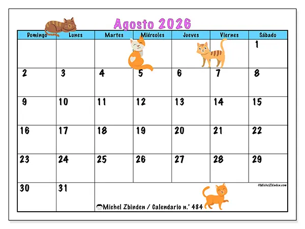 Calendario de agosto de 2026 para imprimir - Amor por los gatos - Semana de domingo a sábado