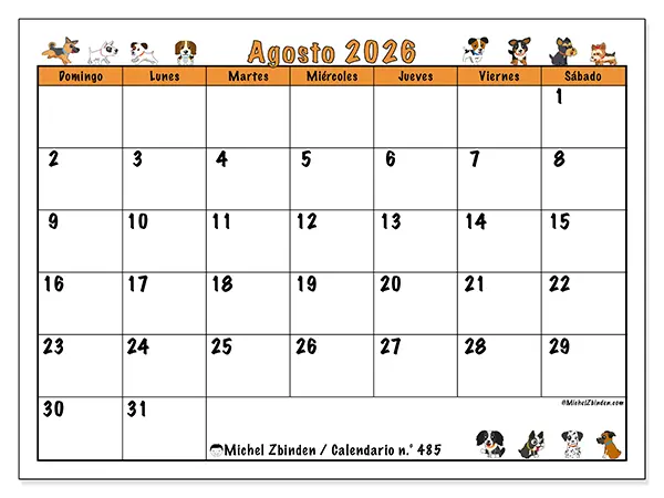 Calendario de agosto de 2026 para imprimir - Perros entusiastas - Semana de domingo a sábado