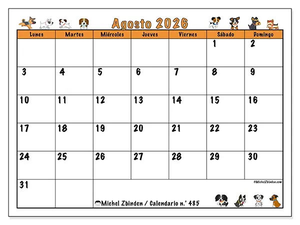 Calendario de agosto de 2026 para imprimir - Perros entusiastas