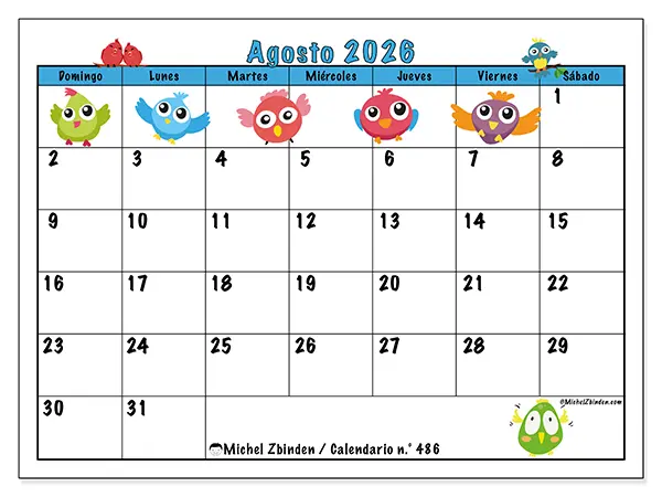 Calendario de agosto de 2026 para imprimir - Pájaros divertidos - Semana de domingo a sábado