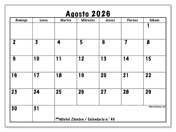 Calendario de agosto de 2026 para imprimir - Eficiencia diaria - Semana de domingo a sábado