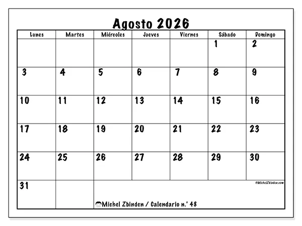 Calendario de agosto de 2026 para imprimir - Eficiencia diaria