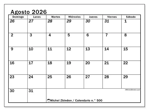 Calendario de agosto de 2026 para imprimir - Planificación intensiva - Semana de domingo a sábado