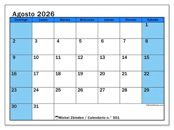 Calendario de agosto de 2026 para imprimir - Estudios dinámicos - Semana de domingo a sábado