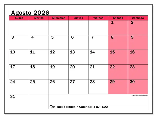 Calendario de agosto de 2026 para imprimir - Gestión luminosa