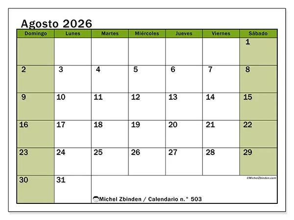 Calendario de agosto de 2026 para imprimir - Organización viva - Semana de domingo a sábado
