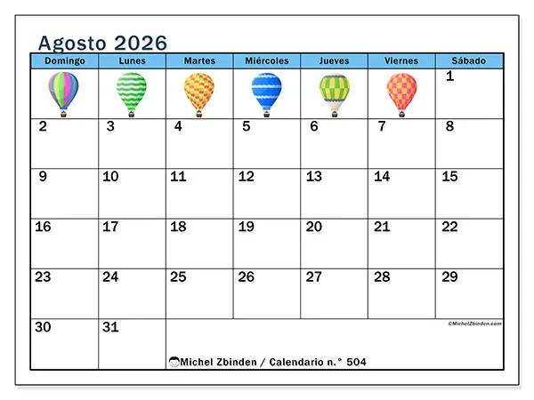 Calendario de agosto de 2026 para imprimir - Globos aerostáticos - Semana de domingo a sábado
