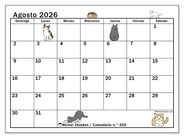Calendario de agosto de 2026 para imprimir - Vida de gato - Semana de domingo a sábado