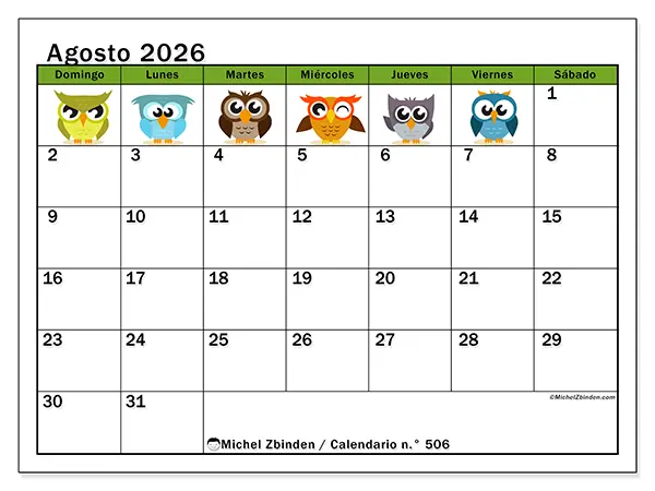 Calendario de agosto de 2026 para imprimir - Búhos divertidos - Semana de domingo a sábado