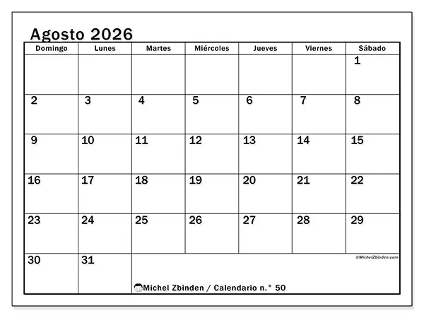 Calendario de agosto de 2026 para imprimir - Planificación óptima - Semana de domingo a sábado