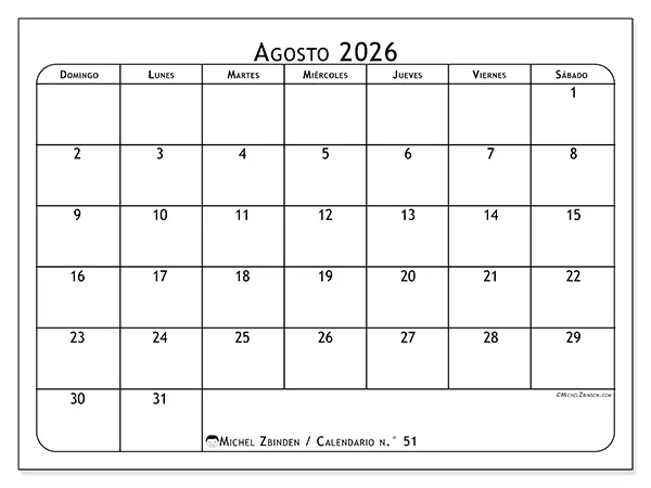 Calendario de agosto de 2026 para imprimir - Planificador de comidas - Semana de domingo a sábado