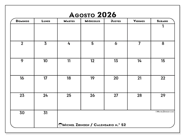 Calendario de agosto de 2026 para imprimir - Organización profesional - Semana de domingo a sábado