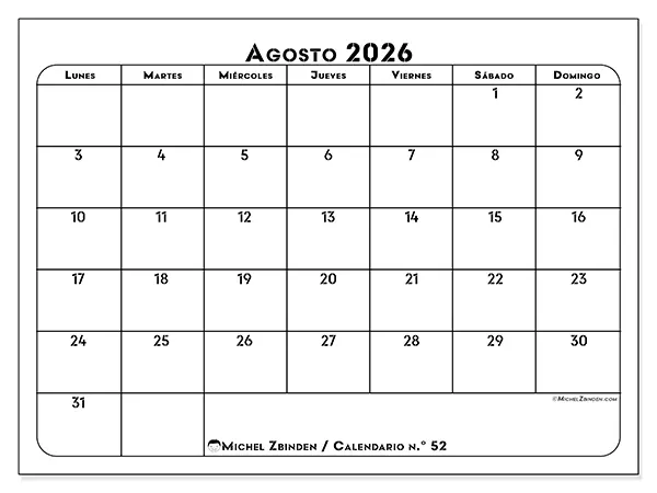 Calendario de agosto de 2026 para imprimir - Organización profesional