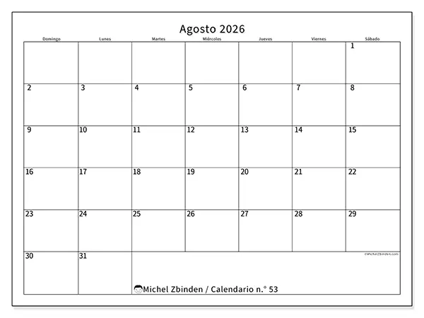 Calendario de agosto de 2026 para imprimir - Horario eficiente - Semana de domingo a sábado