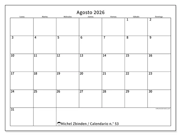 Calendario de agosto de 2026 para imprimir - Horario eficiente