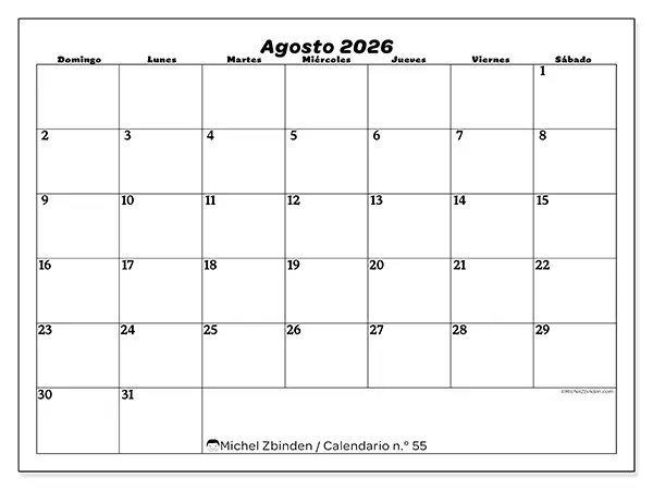 Calendario de agosto de 2026 para imprimir - Organización del ocio - Semana de domingo a sábado