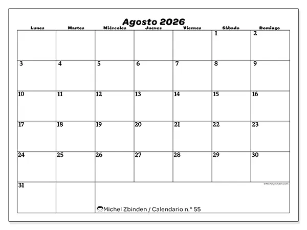 Calendario de agosto de 2026 para imprimir - Organización del ocio