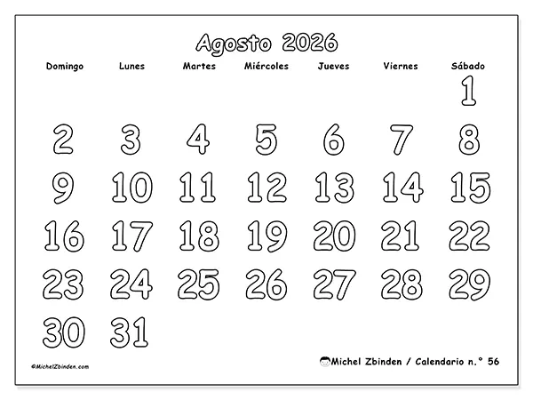 Calendario de agosto de 2026 para imprimir - Colorear útil - Semana de domingo a sábado