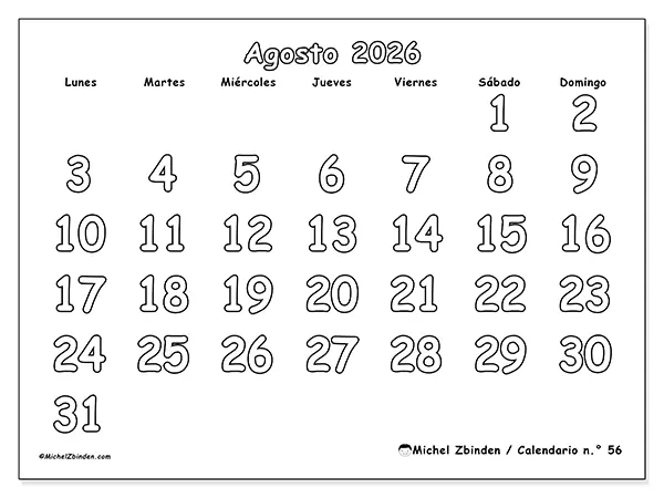 Calendario de agosto de 2026 para imprimir - Colorear útil