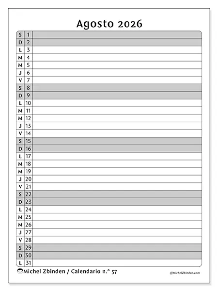 Calendario de agosto de 2026 para imprimir - Lista de actividades