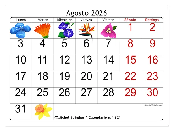 Calendario de agosto de 2026 para imprimir - Flores grandes