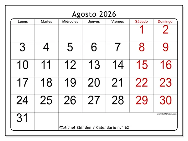 Calendario de agosto de 2026 para imprimir - Lectura rápida