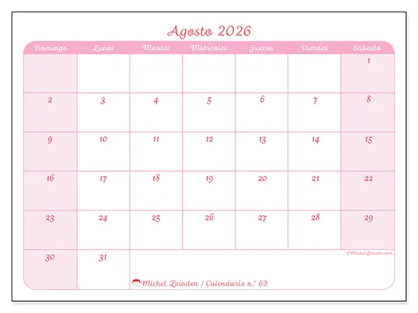Calendario de agosto de 2026 para imprimir - Organización en suavidad - Semana de domingo a sábado
