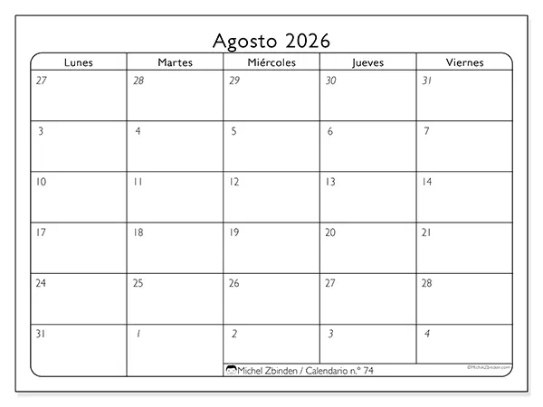 Calendario de agosto de 2026 para imprimir - Organización del trabajo