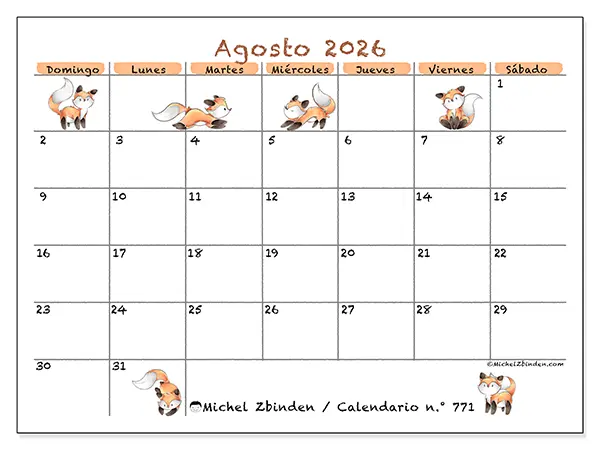 Calendario de agosto de 2026 para imprimir - Dibujos de zorros - Semana de domingo a sábado