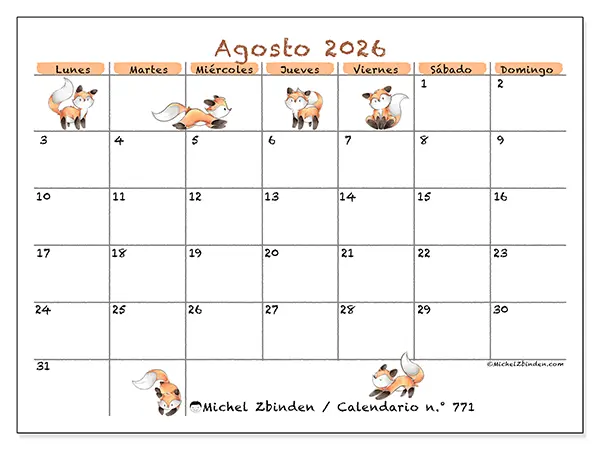 Calendario de agosto de 2026 para imprimir - Dibujos de zorros