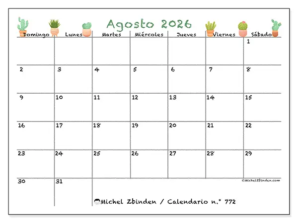 Calendario de agosto de 2026 para imprimir - Cactus decorativos - Semana de domingo a sábado