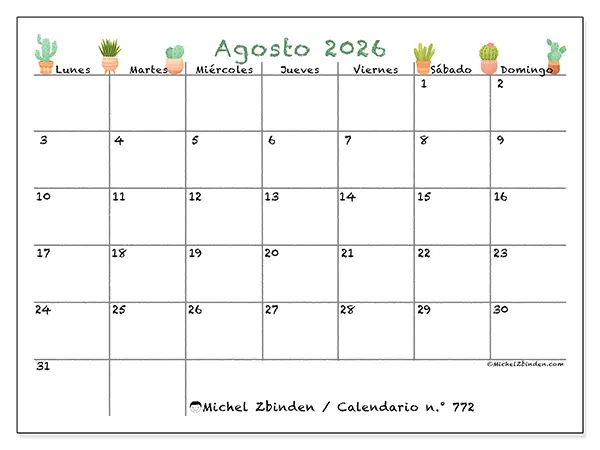 Calendario de agosto de 2026 para imprimir - Cactus decorativos