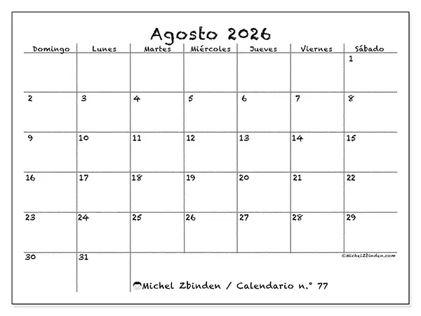 Calendario de agosto de 2026 para imprimir - Escuela y familia - Semana de domingo a sábado