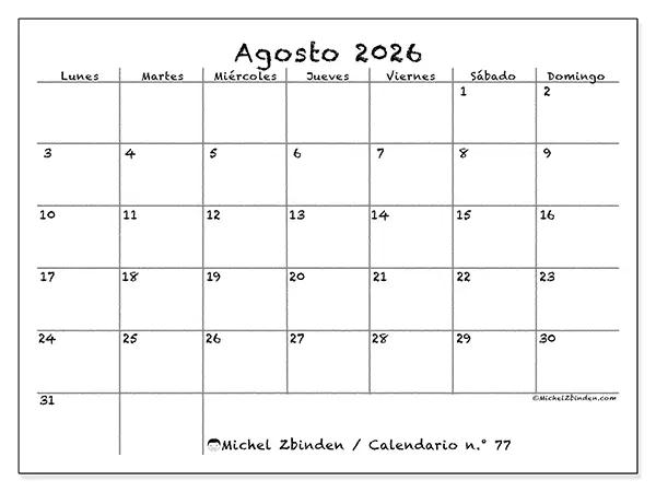 Calendario de agosto de 2026 para imprimir - Escuela y familia