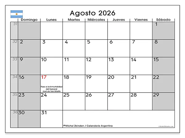 Calendario de agosto de 2026 para imprimir - Argentina