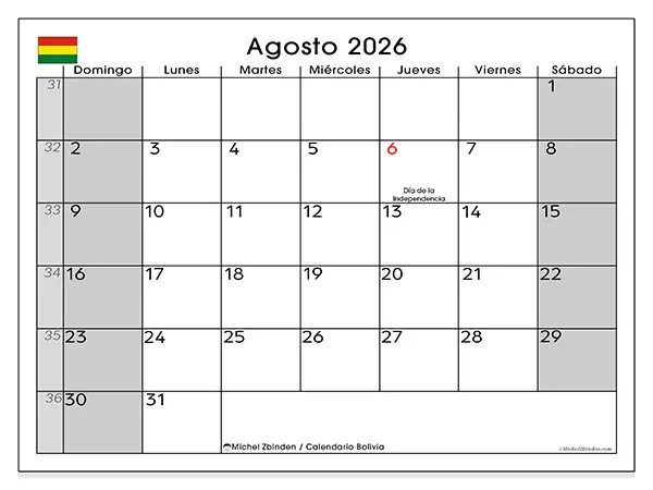 Calendario de agosto de 2026 para imprimir - Bolivia