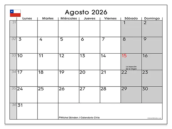 Calendario de agosto de 2026 para imprimir - Chile