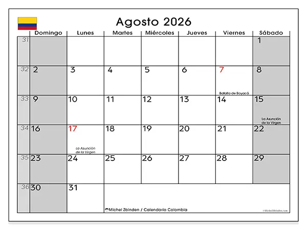 Calendario de agosto de 2026 para imprimir - Colombia