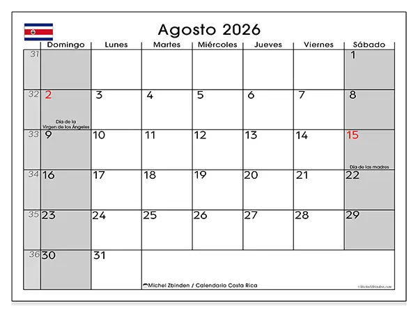 Calendario de agosto de 2026 para imprimir - Costa Rica