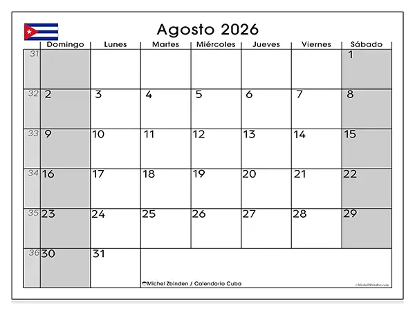 Calendario de agosto de 2026 para imprimir - Cuba