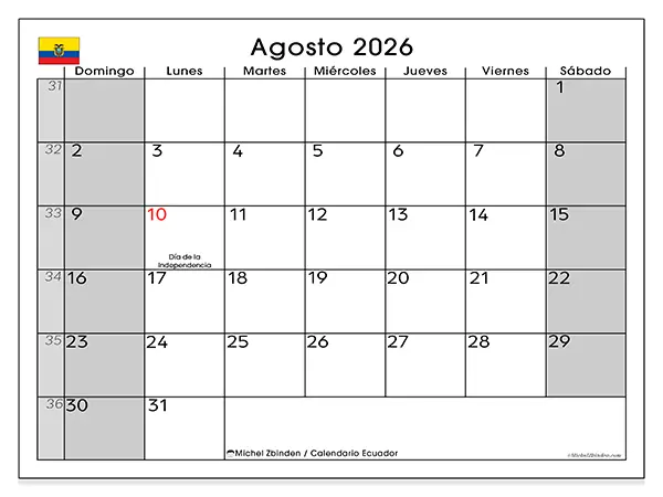 Calendario de agosto de 2026 para imprimir - Ecuador