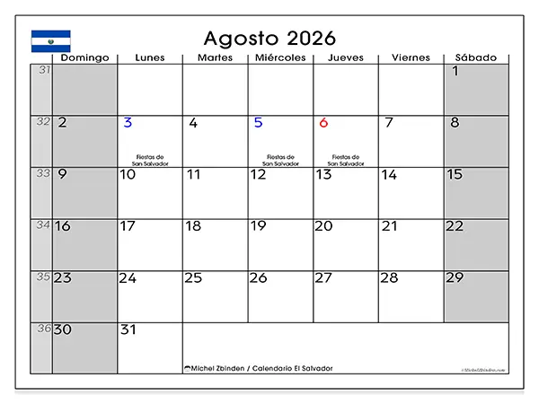 Calendario de agosto de 2026 para imprimir - El Salvador