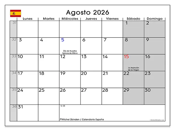 Calendario de agosto de 2026 para imprimir - España