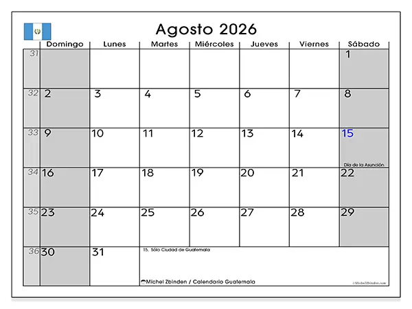 Calendario de agosto de 2026 para imprimir - Guatemala