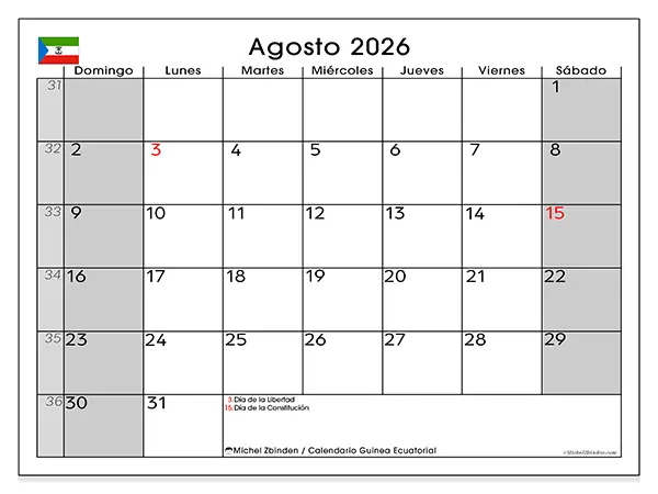 Calendario de agosto de 2026 para imprimir - Guinea Ecuatorial