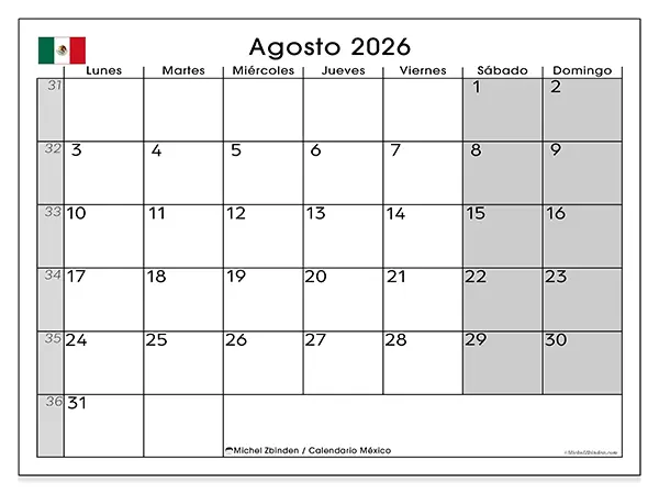 Calendario de agosto de 2026 para imprimir - México