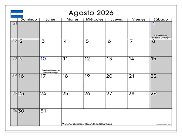 Calendario de agosto de 2026 para imprimir - Nicaragua