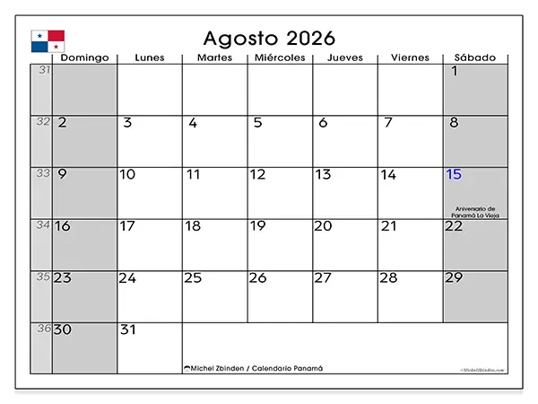 Calendario de agosto de 2026 para imprimir - Panamá