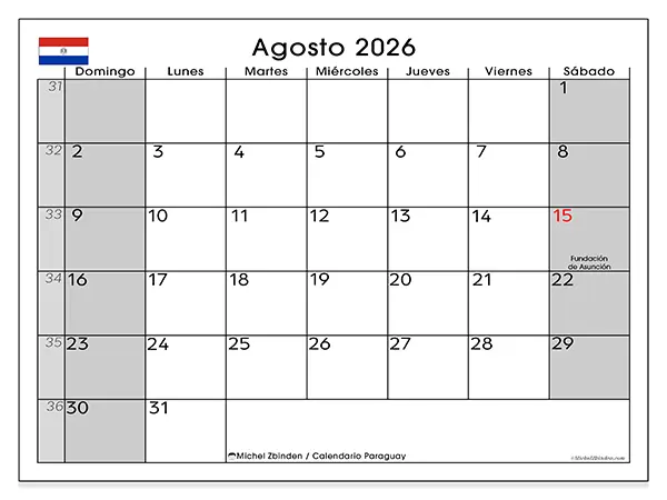 Calendario de agosto de 2026 para imprimir - Paraguay