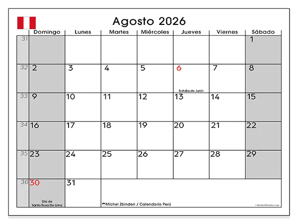 Calendario de agosto de 2026 para imprimir - Perú